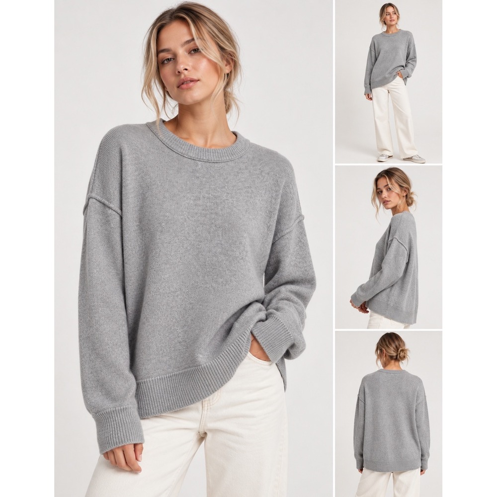 Aerie Women's S/P Gray Oversized Crewneck Knit Sweater Pullover Cotton Blend